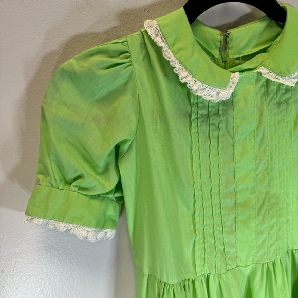 Vintage green maxi midi dress baby doll Peter Pan collar lace ruffle puff sleeve - Picture 4 of 16